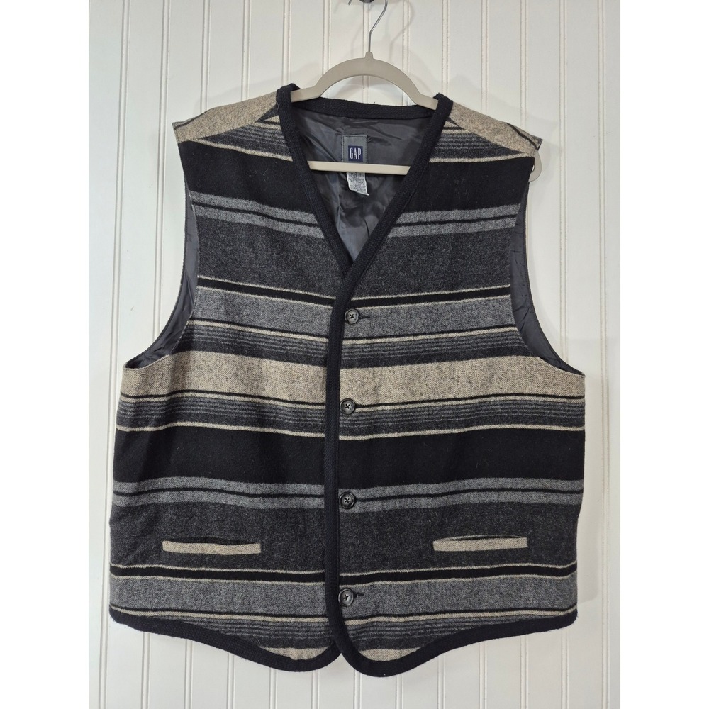 Vintage Gap Men Wool Blend Striped Vest Grey Black Tan Button Front Lined Large